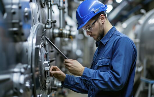engineers adjusting and maintaining factory machinery